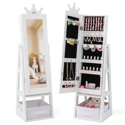 Produktbild von GOPLUS Kinderschmuckschrank, Kosmetikschrank mit Ganzkörperspiegel, 64 Ringschlitze, 18 Ohrringschlitze, 6 Armbänderhaken etc., für Kinder ab 3 Jahren