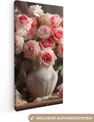 Produktbild von MuchoWow® - Leinwandbilder - Blumen - Rosen - Vase - Stilleben - Blumenstrauß, Wandbild, Wanddeko Bilder Wohnzimmer, 40x80 cm