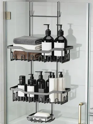Produktbild von Duschablage zum Hängen, Duschregal Ohne Bohren mit Seifenschale Mehrere Haken, Duschkorb Duschablage Hängend, Badezimmer Organizer (Schwarz)