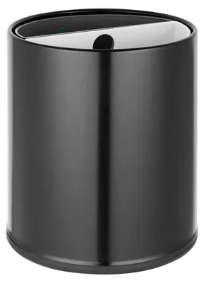 A black cylindrical trash can with a silver insert and a small green indicator light.