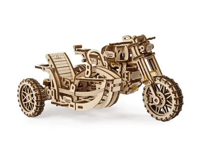 A 3D wooden model of a motorcycle with a sidecar, displayed against a white background.