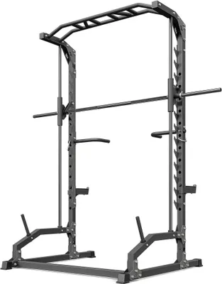 A studio shot of a gray Smith machine with a pull-up bar and dip handles.