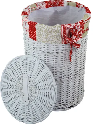 Produktbild von Wäschekorb Wäschetonnen Wäschetruhe Weide weiß Bezug landhausstil blumen rot Deckel D.32 H.48