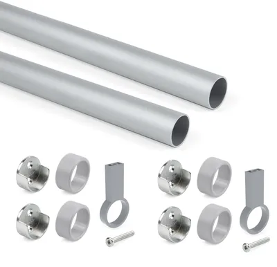 Zdjęcie produktu dla Emuca Pakiet 2 okrągłych drążków do szafek D.28mm długość 1,15m ze wspornikami, Aluminium i Znal, Anodyzowany mat
