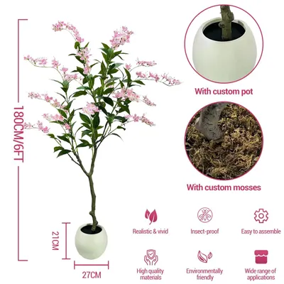 Image de Plante de jasmin artificielle - Arbre de 180 cm - Feuilles réalistes - Fleurs roses - Pot blanc - Décoration pour la maison, le mariage, les fêtes, le bureau