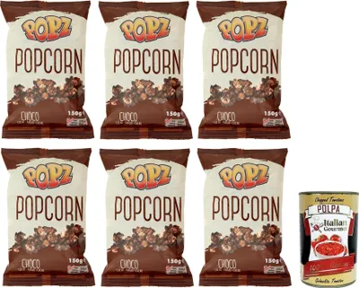 Produktbild von 6x Popz Popcorn Choco Cacao,Karamellisiertes Popcorn mit Kakao Butter Karamell (73%),Kakao (4%),Beutel mit 150g + Italian Gourmet Polpa di Pomodoro 400g Dose