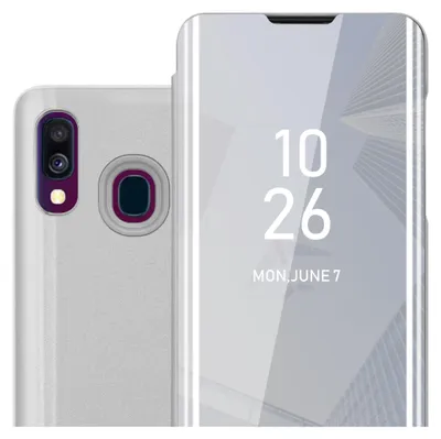 A close-up of a silver smartphone case with a transparent front cover displaying the time and date.