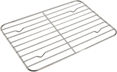 A silver metal cooling rack on a white background.