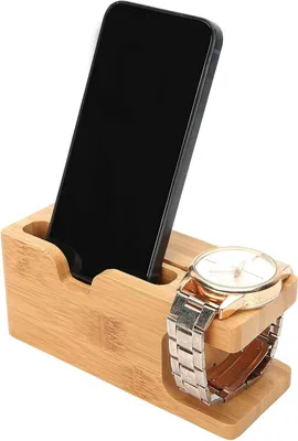 Productafbeelding van Oplaadstation Hout - Telefoon & Horloge Houder - Bureau Organisatie - Natuurlijk Bamboe Materiaal