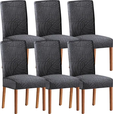 Produktbild von 6er Set Stretch Stuhlhussen für Esszimmerstühle, Abnehmbarer Waschbarer Stühle Schutz Jacquard Stuhlbezug für Esszimmer,Hotel,Bankett,Dunkelgrau