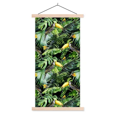 Produktbild von MuchoWow® Textilposter Tukan - Muster - Pflanzen 40x80 cm mit holzfarbenen Rahmen - Wohnzimmer