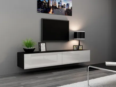 Zdjęcie produktu dla Cama Szafka RTV VIGO '180' 30/180/40 czarny/biały połysk, Czarny, Płyta wiórowa, Czarny, Płyta wiórowa, Laminat, Matowy