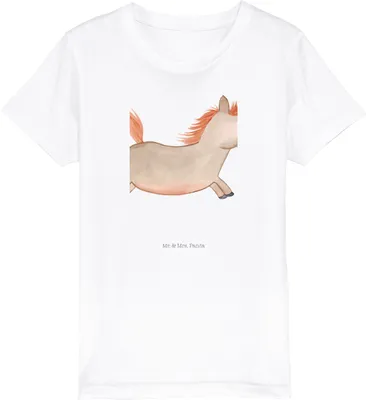 Produktbild von Mr. & Mrs. Panda Kleinkinder T-Shirt Pferd Springen 3-4 Jahre (98/104) - Weiß - Geschenk, Bio Kinder, Kindershirt, Pferdestall, Reiten, Bauernhof, Teenager, Stall, Pferde