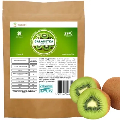 Zdjęcie produktu dla Galaretka bez cukru o smaku kiwi 35g - 5 porcji FIT KETO bez glutenu, bez tłuszczu, bez węglowodanów tylko 9,5 kcal porcja