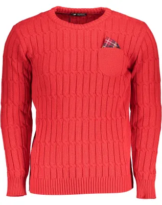 Produktbild von Eleganter Herren-Strickpullover - Rot, Zopfmuster, Rundhals, Kontrastdetails