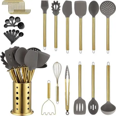 Produktbild von Famanu Kochgeschirr Set 38-teilig in Gold mit Antihaft-Silikon, Spülmaschinenfest