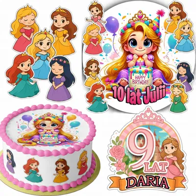 Obrázek produktu pro Zestaw Opłatek Na Tort 20Cm + 16 Postaci - Księżniczka + Imię 15Cm 18Cm