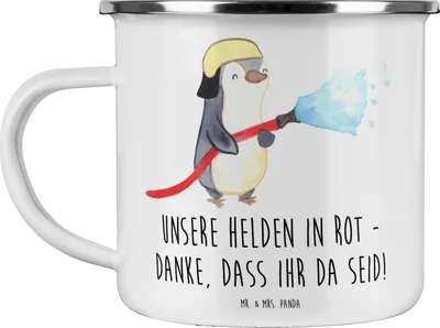 Produktbild von Mr. & Mrs. Panda Emaille Tasse Feuerwehrmann Helden - Weiß - Geschenk, Danke sagen, Anerkennung, Aufmerksamkeit, Teetasse, Motivtasse, mutige Feuerwehrleute, becher, Pott