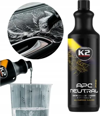 A collage showing a bottle of K2 APC Neutral Pro cleaner, a close-up of the cleaner being used on a car interior, and the cleaner being poured into a measuring cup.
