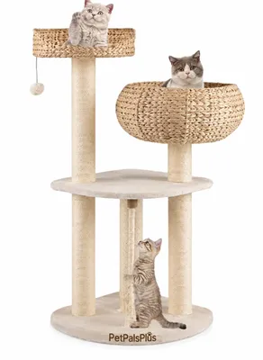 Produktbild von GYMAX Kratzbaum 104 cm, Katzenbaum mit Korb, Sisalstämme, Hängender Ball & eine Schlinge, Stabiler Katzenkratzbaum Katzenmöbel (Weiß)