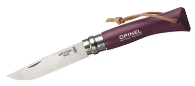 Image de Couteau Opinel n°7, acier inoxydable Sandvik 12C27, manche en hêtre violet, lanière en cuir, système Virobloc