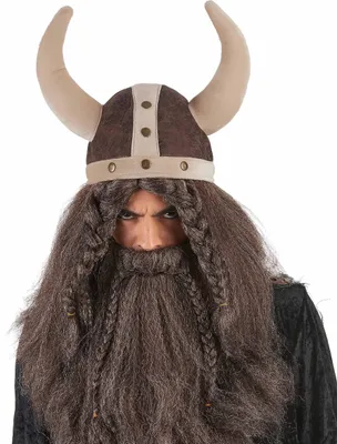 A person wearing a Viking helmet and beard.