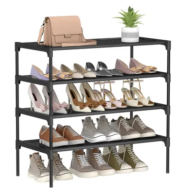 Produktbild von Schuhregal 4 Ebenen, Schuhaufbewahrung, Eingangsbereich, platzsparend, Metallrahmen, Vliesstoff-Ablage, schwarz