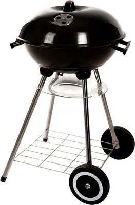 A black kettle-style grill on a stand with wheels, isolated on a white background.