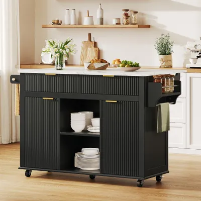 Zdjęcie produktu dla Wyspa kuchenna na kółkach z rozkładanym blatem, 2 szuflady, 2 drzwiczki, półka na przyprawy i uchwyt na ręczniki, MDF, 143x45x89,5 cm, kolor czarny