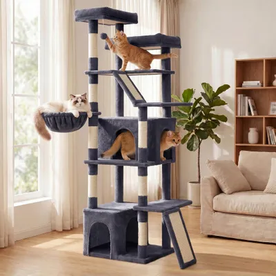 Produktbild von FEANDREA Kletterbaum für Katzen, extra groß, stabiler Katzenkratzbaum mit Kratzsäulen, Plüsch, für große Katzen, dunkelgrau