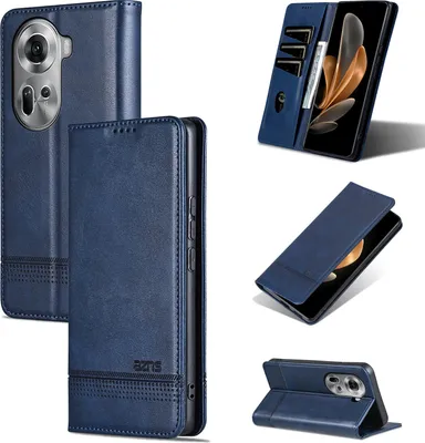 Image de Etui en cuir pour Oppo Reno11, étui portefeuille pliable avec fermeture magnétique et support bleu
