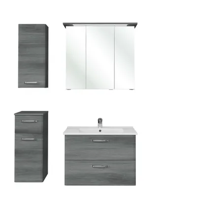 Produktbild von Badmöbel-Set, Quickset 328 Pelipal, Keramik-Waschtisch, LED-Spiegelschrank, Hängeschrank und Unterschrank, Graphit-Struktur