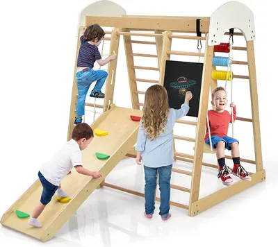 Produktbild von GOPLUS Klettergerüst mit Rutsche, Schaukel, Abakus, Wandtafel, Kletternetz, Reckstange, Spielturm Dreieckiger Rahmen, Kletterturm