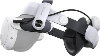 A close-up side view of a VR headset accessory strap with a battery pack attached.