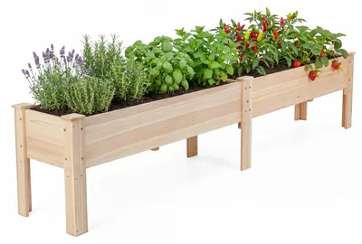 Immagine prodotto di KOMFOTTEU, aiuola rialzata in legno di abete, con 2 vasi da fiori e fori di drenaggio, vaso per ortaggi, erbe aromatiche e fiori, aiuola per erbe aromatiche, ideale per giardino, terrazza e balcone, dimensioni 240 x 43,5 x 51,5 cm