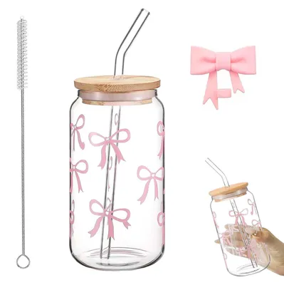 Glaseinsatz 500 ml mit Deckel, Strohhalm & Reinigungsbürste, rosa