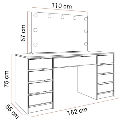 A line drawing diagram of a vanity table with a mirror and lights, showing dimensions.