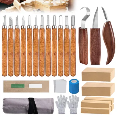 Produktbild von 28 Teiliges Holz Schnitzwerkzeug Set, Schnitzwerkzeug Holz Schnitzset Mit Handschuhe, Holzblöcken, Schnitzlöffel, Schnitzmesser Set, Schnitzmesser Schnitzwerkzeugs Sets, Schnitzen Set Für Diy