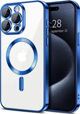 Image de Coque magnétique transparente pour iPhone 15 Pro Max, compatible MagSafe, coque de protection galvanisée avec protection de l'appareil photo Bleu