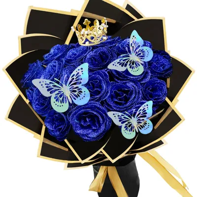 Image de Bouquet de 24 roses pailletées, bouquets de roses artificielles, bouquets de fleurs artificielles à faire soi-même avec des paillettes et une couronne pour la Saint-Valentin, un mariage, des fiançailles ou un anniversaire (bleu)