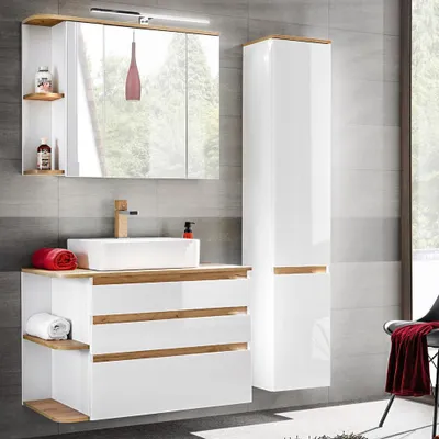 Produktbild von Badezimmermöbel Set mit Keramik-Waschtisch CAMPOS-56, Hochglanz weiß mit Wotaneiche, Hochschrank B/H/T: ca. 144/200/50 cm