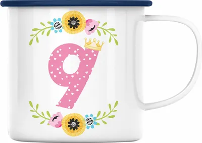 Produktbild von Trendation - 9. Geburtstag Mädchen Emaille Tasse Geschenk zum Neunten Geburtsagsparty Grafik Krone  9 Jahre Alt (Blau)