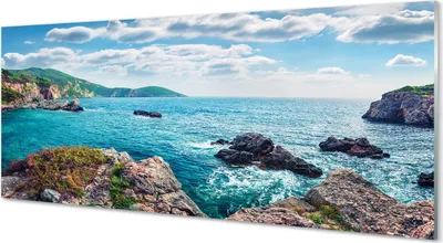 Produktbild von Glasbilder 125x50 Wandkunst Griechenland Meer Berge