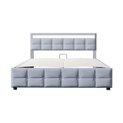 Produktbild von Flieks Hydraulisches Polsterbett 180x200cm mit LED, Stauraumbett Boxspringbett mit Lattenrost, Doppelbett Jugendbett Holzbett, Samt, Grau