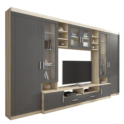 Produktbild von MIRJAN24 Wohnwand Paris, TV-Möbel, Anbauwand, Schrankwand, Wohnzimmer-Set (Sonoma Eiche / Graphit, mit weißer LED Beleuchtung)