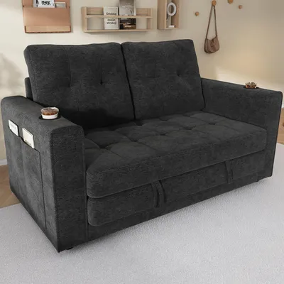 Produktbild von Merax Schlafsofa 2-Sitzer, ausziehbares Doppelschlafsofa, 3-fach klappbar, Chenille-Sofa mit Getränkehaltern und Stautaschen, 141 × 216 cm, Grau