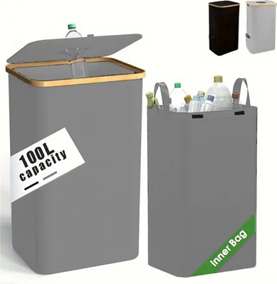 A product image showing a large grey storage container with a lid, and a smaller grey inner bag filled with bottles.