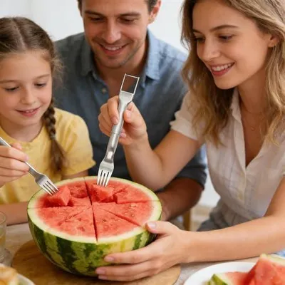 Produktbild von Wassermelonenschneider und -schneidewerkzeug mit Doppelkopf, Gabelwerkzeug zum Schneiden von Wassermelonenwürfeln für Camping, Zuhause, Partys, Küche, Outdoor, Restaurant und Café