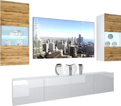 Produktbild von BELINI Wohnwand Vollausstattung Wohnzimmer-Set Moderne Schrankwand mit LED-Beleuchtung Weiß Glänzend Anbauwand TV-Schrank Eiche Wotan / Weiß Glänzend/Matt