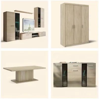 Produktbild von ANMIL Möbel SET NR2 Eiche Sonoma Modernes Wohnzimmer-Set mit Wohnwand, Kommode, Kleiderschrank und Couchtisch